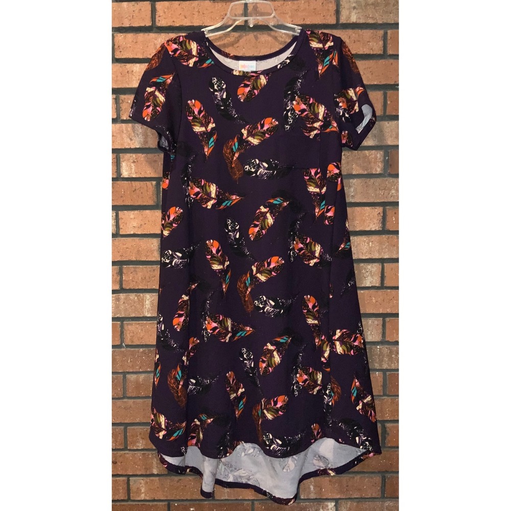 Lularoe Womens Purple Feather Print Pocket Short Sleeve Hi-Low Dress Size M